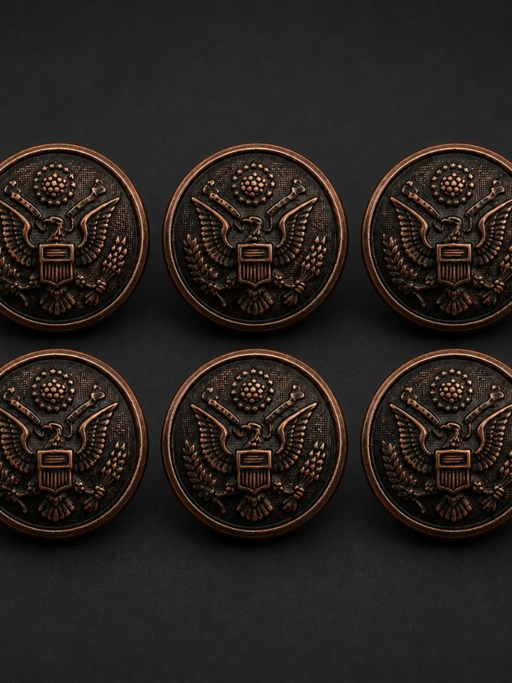 WWI Era U.S. Army Great Seal Uniform Buttons Lot of 6 – Blackened Bronze 1917–18